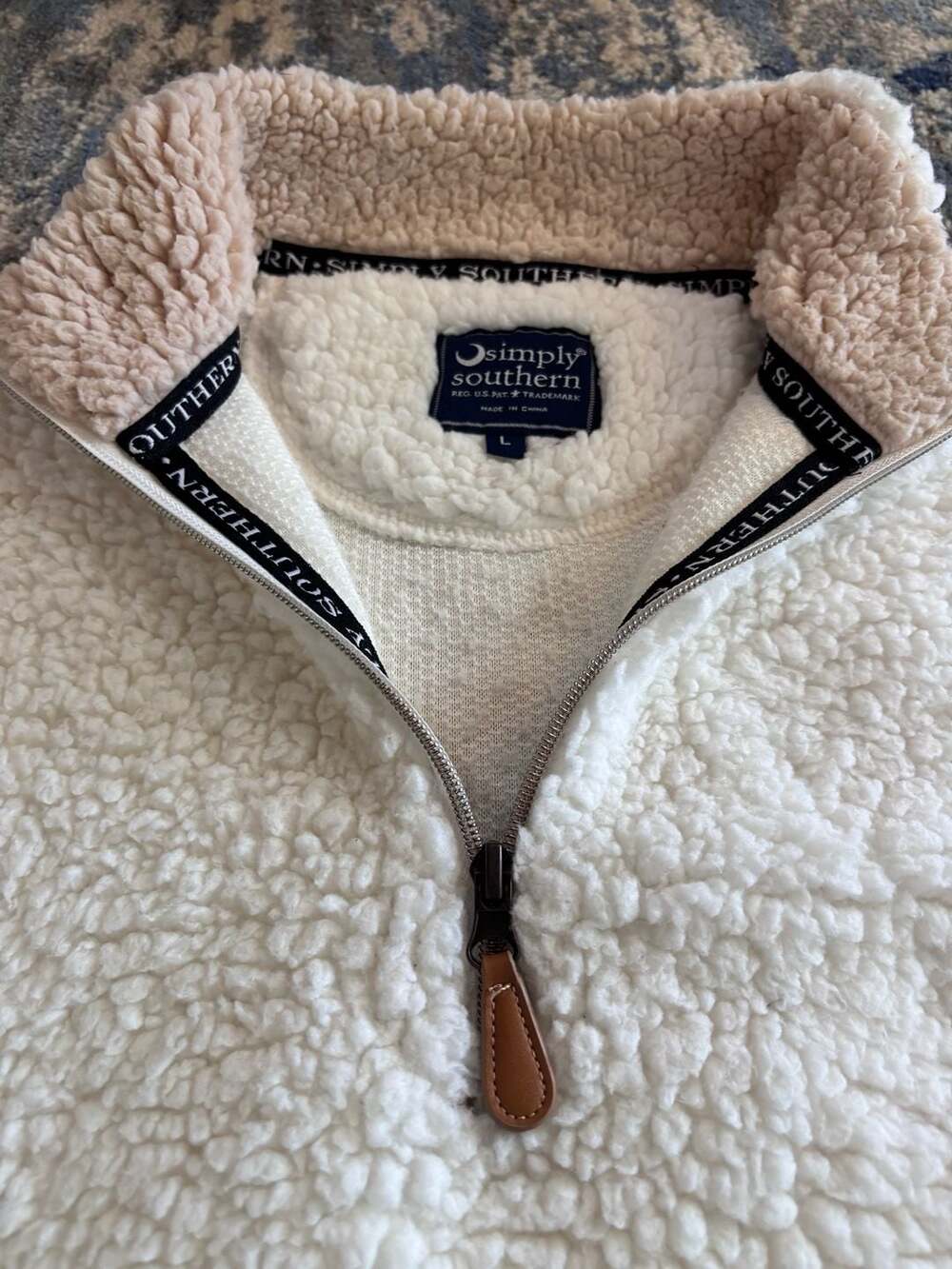 Simply Southern Cream & Tan Sherpa Fleece 1/4 Zip Pullover Jacket Size L